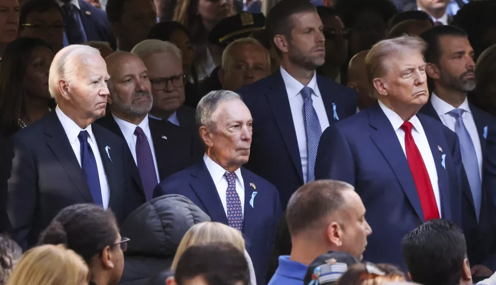 epa11598384 (L-R) US President Joe Biden, former New York City Mayor Michael Bloomberg, Eric Trump, Republican presidential candidate Donald J. Trump, Republican vice presidential candidate Senator JD Vance of Ohio, and Donald Trump Jr. attend the 23rd annual 9/11 commemoration ceremony at the National September 11 Memorial & Museum in New York, New York, USA, 11 September 2024. EPA/SARAH YENESEL