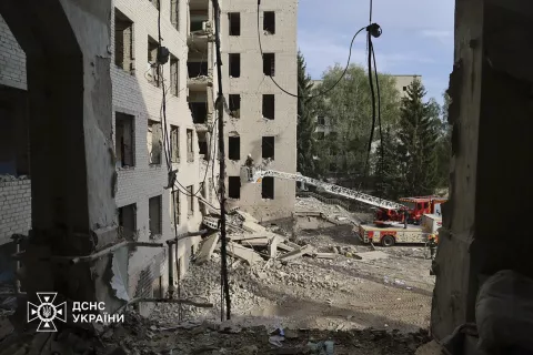 epa11586362 A handout photo released by the press service of the State Emergency Service (SES) of Ukraine shows Ukrainian rescuers working at the site of a rocket strike in Poltava, central Ukraine, 05 September 2024, amid the Russian invasion. As a result of a Russian rocket attack on 03 September 2024, the six-story building of the educational building was partially destroyed, three apartment buildings, five private houses and an office building were damaged. The death toll from a Russian strike on an educational institution in Poltava rose to at least 54 dead and 297 injured, SES said. Ukrainian rescuers continued to work at the site of the attack, where five more people are feared to be trapped under the rubble. Russian troops entered Ukrainian territory on 24 February 2022, starting a conflict that has provoked destruction and a humanitarian crisis. EPA/STATE EMERGENCY SERVICE OF UKRAINE HANDOUT -- BEST QUALITY AVAILABLE -- MANDATORY CREDIT: STATE EMERGENCY SERVICE OF UKRAINE -- HANDOUT EDITORIAL USE ONLY/NO SALES