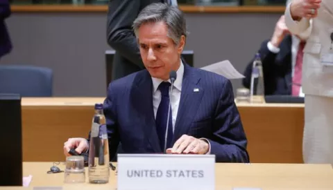 epa09801285 US Secretary of State Antony Blinken at the start of an extraordinary foreign affairs ministers council at the European Council in Brussels, Belgium, 04 March 2022. EPA/STEPHANIE LECOCQ