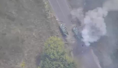 epa11546539 A still image taken from a handout video provided by the Russian Defence Ministry shows a Lancet drone striking a mobile missile launcher of the Ukrainian Armed Forces at the border area in the Kursk region, Russia, 12 August 2024. According to Andrei Belostotsky, acting deputy governor of the Kursk region, over 3,000 civilians were evacuated from border areas as a result of attacks by the Ukrainian Armed Forces in the Kursk region that started on 06 August. On 10 August the National Anti-Terrorism Committee confirmed the enforcement of a counter-terrorism operation (CTO) in the Kursk, Belgorod and Bryansk regions. EPA/RUSSIAN DEFENCE MINISTRY PRESS SERVICE/HANDOUT HANDOUT EDITORIAL USE ONLY/NO SALESHANDOUT EDITORIAL USE ONLY/NO SALES