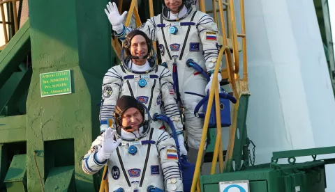 epa11598591 The International Space Station (ISS) crew members NASA astronaut Don Pettit, Roscosmos cosmonauts Alexey Ovchinin and Ivan Vagner board the Soyuz MS-26 spacecraft for the launch at the Baikonur cosmodrome, Kazakhstan, 11 September 2024. Crew members Roscosmos cosmonauts Alexey Ovchinin, Ivan Vagner and NASA astronaut Don Pettit are scheduled to launch on the Soyuz MS-26 to the International Space Station (ISS) on 11 September 2024. EPA/PAVEL MIKHEYEV/POOL