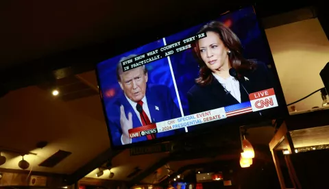 Republican President Candidate Donald Trump speaks on TV during a debate with Democratic Candidate Kamala Harris on September 10, 2024 in Bloomington, Indiana. After earning the Democratic Party nomination following President Joe Biden?s decision to leave the race, Democratic presidential nominee, U.S. Vice President Kamala Harris faces off with Republican presidential nominee former President Donald Trump. (Photo by Jeremy Hogan/SOPA Images/Sipa USA) Photo: SOPA Images/SIPA USA