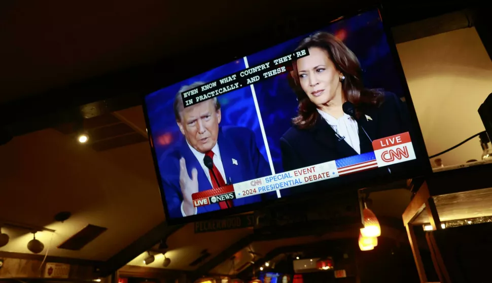 Republican President Candidate Donald Trump speaks on TV during a debate with Democratic Candidate Kamala Harris on September 10, 2024 in Bloomington, Indiana. After earning the Democratic Party nomination following President Joe Biden?s decision to leave the race, Democratic presidential nominee, U.S. Vice President Kamala Harris faces off with Republican presidential nominee former President Donald Trump. (Photo by Jeremy Hogan/SOPA Images/Sipa USA) Photo: SOPA Images/SIPA USA