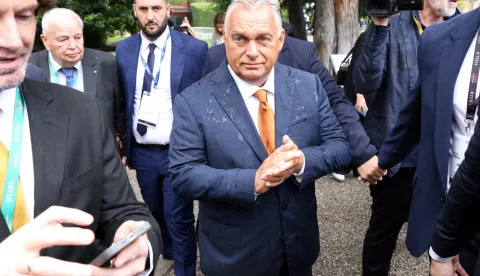 epa11588955 Hungarian Prime Minister Viktor Orban arrives to attend the first day of the 50th Ambrosetti Forum in Cernobbio, northern Italy, 06 September 2024. The international economic conference runs under the theme 'Intelligence on the World, Europe, and Italy' from 06 to 08 September 2024. The annual forum sees the participation of heads of state and government, EU institutions representatives, ministers, Nobel prize winners and businessmen from around the world to discuss current issues that have a major impact on the global economy and society. EPA/MATTEO BAZZI