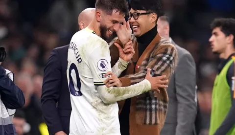 Tottenham Hotspur's Rodrigo Bentancur speaks to Son Heung-min at the end of the Premier League match at the Tottenham Hotspur Stadium, London. Picture date: Saturday November 12, 2022. Photo: John Walton/PRESS ASSOCIATION