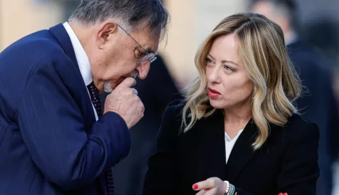 epa11299349 Italian Senate President Ignazio La Russa and Italian Prime Minister Giorgia Meloni (R) talk as they attend a wreath-laying ceremony at the Altar of the Fatherland (Altare della Patria) during the commemoration of the 79th Liberation Day, in Rome, Italy, 25 April 2024. Liberation Day (Festa della Liberazione) is a nationwide public holiday in Italy that is annually celebrated on 25 April. The day remembers Italians who fought against the Nazis and Mussolini's troops during World War II and honors those who served in the Italian Resistance. EPA/GIUSEPPE LAMI