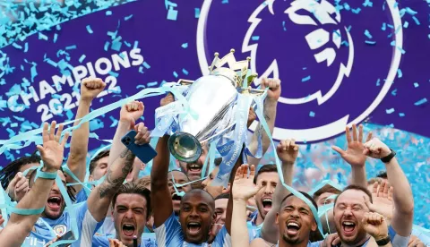 File photo dated 22-05-2022 of Manchester City's Fernandinho lifts the Premier League trophy. Premier League champions Manchester City will begin the defence of their title at West Ham in the final match of the opening weekends fixtures. Issue date: Thursday June 16, 2022. Photo: martin Rickett/PRESS ASSOCIATION