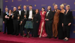 epa11607449 Richard Gadd (6-L) and cast, winner of the Outstanding Limited or Anthology Series for 'Baby Reindeer,' pose in the press room with their awards during the 76th annual Emmy Awards ceremony held at the Peacock Theater in Los Angeles, California, USA, 15 September 2024. The Emmys celebrate excellence in national primetime television programming. EPA/ALLISON DINNER