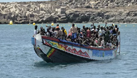 epa11569311 Some 254 migrants rescued at midday by the Civil Guard boat Rio Guadiato in waters near El Hierro, arrive in a dinghy to be transferred and receive treatments by emergency teams, to the port of La Restinga, in the municipality of El Pinar, on the island of El Hierro, Spain, 28 August 2024 EPA/GELMERT FINOL