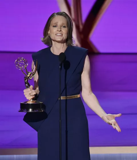 Jodie Foster accepts the Outstanding Lead Actress in a Limited or Anthology Series or Movie award for 'True Detective' onstage during the 76th annual Primetime Emmy Awards at the Peacock Theater in Los Angeles on Sunday, September 15, 2024. Photo by Jim Ruymen. Photo via Newscom Photo: Jim Ruymen/NEWSCOM