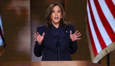 epa11560915 Democratic presidential candidate Kamala Harris gives her keynote address on the final night of the Democratic National Convention (DNC) at the United Center in Chicago, Illinois, USA, 22 August 2024. The 2024 Democratic National Convention is being held 19 to 22 August 2024 in which delegates of the United States' Democratic Party approved the party's platform and ceremonially voted for the party's nominees for president and vice president, Vice President Kamala Harris and Governor Tim Walz of Minnesota, for the upcoming presidential election. EPA/MICHAEL REYNOLDS