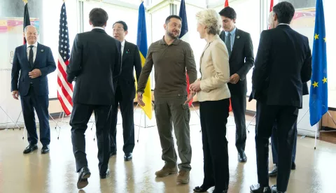 Ukrainian President Volodymyr Zelensky (centre) joins G7 world leaders on the final day of the G7 Summit in Hiroshima, Japan. Picture date: Sunday May 21, 2023. Photo: Stefan Rousseau/PRESS ASSOCIATION