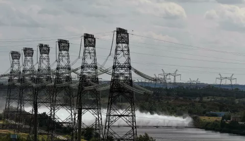 Electricity pylons and the pipes of the essential service water system (ESWS) are pictured on the premises of the Zaporizhzhia Nuclear Power Plant, Enerhodar, Zaporizhzhia Region, southeastern Ukraine, July 9, 2019. Ukrinform.