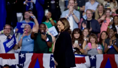 epa11601008 US Vice President and Democratic presidential nominee Kamala Harris participates during a campaign rally at the Bojangles Arena in Charlotte, North Carolina, USA, 12 September 2024. Harris is running against former US President and Republican nominee Donald Trump. EPA/ERIK S. LESSER