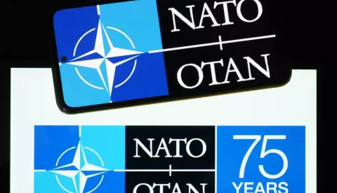 In this photo illustration, a NATO 75th Anniversary Summit Corporation logo seen displayed on a smartphone. (Photo by Igor Golovniov/SOPA Images/Sipa USA) *** Strictly for editorial news purposes only *** Photo: SOPA Images/SIPA USA