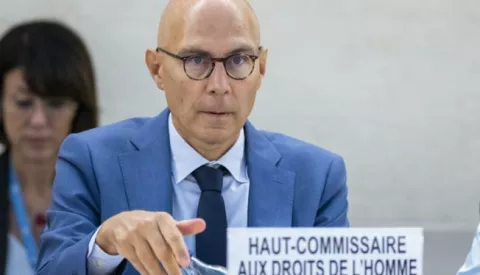 epa10858144 U.N. High Commissioner for Human Rights Volker Turk listens to a speech during the 54th session of the Human Rights Council, at the European headquarters of the United Nations in Geneva, Switzerland, 13 September 2023. EPA/MARTIAL TREZZINI