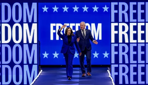 epa11557311 Democratic presidential candidate US Vice President Kamala Harris (L) and Democratic vice presidential candidate Minnesota Governor Tim Walz (R) participate in a campaign rally at Fiserv Arena in Milwaukee, Wisconsin, USA, 20 August 2024. The rally is overlapping with the second night of the 2024 Democratic National Convention being held in Chicago, Illinois, from 19 to 22 August 2024 in which delegates of the United States' Democratic Party will vote on the party's platform and ceremonially vote for the party's nominees for president and vice president, Vice President Kamala Harris and Governor Tim Walz of Minnesota, for the upcoming presidential election. EPA/JUSTIN LANE