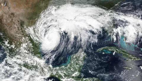 epa11598443 A handout satellite image made available by NASA's Worldview application, part of the NASA Earth Science Data and Information System (ESDIS), of Tropical Storm Francine churning over the Gulf of Mexico, off the coast of Louisiana, USA, 10 September 2024 (issued 11 September 2024). According to the National Oceanic and Atmospheric Administration (NOAA)'s National Weather Service, Hurricane Francine, a Category 1 storm with max sustained winds of 90 mph, is expected to continue northeast and make landfall along the Louisiana coast on 11 September. The storm is forecast to bring multiple hazards to the area including heavy rainfall, coastal flooding, gusty winds and a threat of tornadoes throughout the day. EPA/NASA WORLDVIEW HANDOUT HANDOUT EDITORIAL USE ONLY/NO SALES