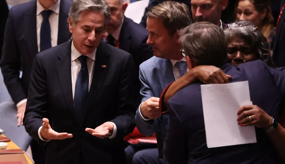 epa11622890 US Secretary of State Antony Blinken (L) speaks with other delegates during a high-level Security Council meeting on the conflict between Russia and Ukraine on the sidelines of the General Debate of the 79th session of the United Nations General Assembly at United Nations Headquarters in New York, New York, USA, 24 September 2024. The annual high-level General Debate gathers world leaders from 24 to 28 September, and 30 September under the theme, 'Leaving no one behind: acting together for the advancement of peace, sustainable development and human dignity for present and future generations'. EPA/SARAH YENESEL