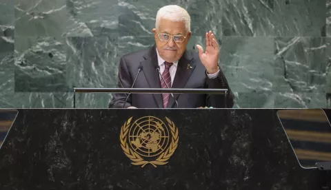 epa11626231 President of the Palestinian Authority, Mahmoud Abbas acknowledges those clapping as he approaches the podium for his address during the General Debate of the 79th session of the United Nations General Assembly at United Nations Headquarters in New York, New York, USA, 26 September 2024. The annual high-level General Debate gathers world leaders from 24 to 28 September, and 30 September under the theme, 'Leaving no one behind: acting together for the advancement of peace, sustainable development and human dignity for present and future generations'. EPA/SARAH YENESEL