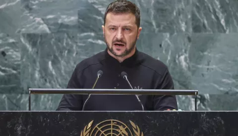 epa11623874 Ukrainian President Volodymyr Zelensky speaks during the General Debate of the 79th session of the United Nations General Assembly at United Nations Headquarters in New York, New York, USA, 25 September 2024. The annual high-level General Debate gathers world leaders from 24 to 28 September, and 30 September under the theme, 'Leaving no one behind: acting together for the advancement of peace, sustainable development and human dignity for present and future generations'. EPA/SARAH YENESEL