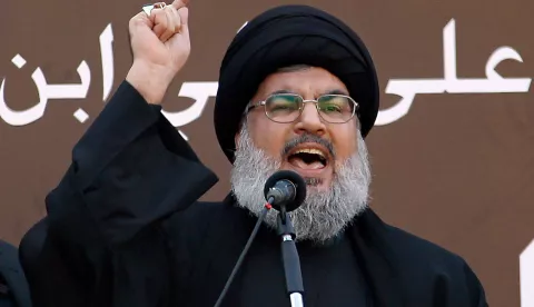 epa11629823 (FILE) - Hezbollah Secretary General Sayyed Hassan Nasrallah speaks to supporters during Ashura day in southern Beirut, Lebanon, 14 November 2013 (reissued 27 September 2024). The Israeli army (Tsahal) said on 28 September 2024 on X (formerly Twitter) that Hezbollah leader Hassan Nasrallah was killed in an overnight strike on Beirut, but there was no confirmation from the Lebanese armed group. EPA/NABIL MOUNZER