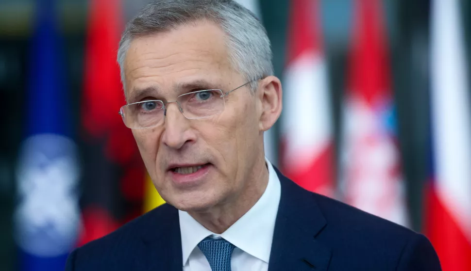 epa11256608 NATO Secretary General Jens Stoltenberg speaks to the media during a North Atlantic Treaty Organization (NATO) Foreign Affairs Ministers meeting in Brussels, Belgium, 03 April 2024. Allied Foreign Affairs Ministers attend a meeting of NATO Ministers of Foreign Affairs at NATO Headquarters in Brussels on 03-04 April as NATO celebrates its 75th anniversary. On 04 April 1949, the 12 founding countries signed the North Atlantic Treaty, called the Washington Treaty. It committed each member to share the risk, responsibilities, and benefits of collective defense. EPA/OLIVIER HOSLET