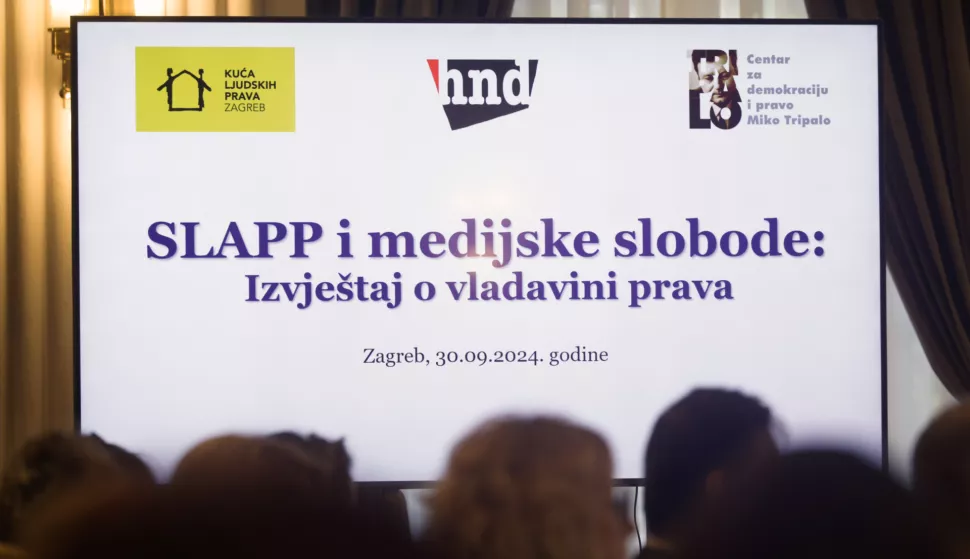 Zagreb, 30.09.2024. - Hrvatsko novinarsko društvo (HND), Centar za demokraciju i pravo "Miko Tripalo" i Kuća ljudskih prava održalo je skup pod nazivom "SLAPP i medijske slobode - Izvještaj o vladavini prava", na kojem su predstavljeni rezultati projekta "Borba protiv SLAPP-a u Hrvatskoj" te objavljena baza podataka s 1333 analizirane sudske odluke u predmetima protiv novinara i medija u razdoblju od 2016. do 2023. godine.foto HINA/ Edvard ŠUŠAK/ es