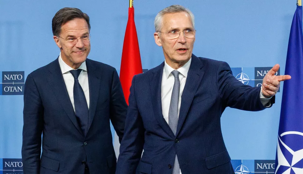 epa11438575 (FILE) Dutch Prime Minister Mark Rutte (L) and NATO Secretary General Jens Stoltenberg speak at the NATO headquarters in Brussels, Belgium, 17 April 2024 (reissued 26 June 2024). According to a statement from the North Atlantic Council (NATO) on 26 June 2024, Dutch Prime Minister Mark Rutte has been appointed as the next Secretary General of NATO. Rutte will assume the post of Secretary General on 01 October 2024, replacing Jens Stoltenberg after ten years as Secretary General of NATO. EPA/OLIVIER MATTHYS