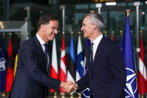 epa11634721 Former Dutch Prime Minister Mark Rutte (L) and Jens Stoltenberg shake hands on the day Rutte succeeds Stoltenberg as NATO Secretary General, at the Alliance headquarters in Brussels, Belgium, 01 October 2024. Former Dutch Prime Minister Mark Rutte succeeds Jens Stoltenberg as Secretary General of the North Atlantic Treaty Organization (NATO) on 01 October 2024 after the latter's ten years at the helm of the Alliance. EPA/OLIVIER HOSLET