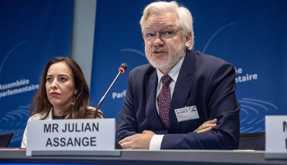 epa11634749 WikiLeaks founder Julian Assange (R) and his wife Stella Assage (L) at the Council of Europe to be auditioned in Strasbourg, France, 01 October 2024. The hearing, organised by the Assembly's Committee on Legal Affairs and Human Rights, focuses on Assange's detention and conviction and their chilling effect on human rights. The judge of the United States District Court for the Northern Mariana Islands on the island of Saipan, on 26 June sentenced Assange for time served in exchange of pleading guilty to the criminal count of conspiring to obtain and disclose classified documents relating to the national defense of the United States. EPA/CHRISTOPHE PETIT TESSON