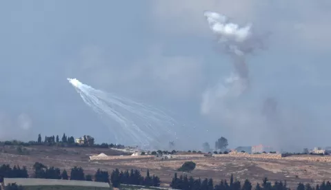 epa11637424 Flares and smoke during an Israeli airstrike near Yaroun village in southern Lebanon, as seen from an undisclosed location on the Israeli side of the border, northern Israel, 02 October 2024. The Israeli military reported that additional forces were joining the raids on Hezbollah targets and infrastructure in southern Lebanon that began on 30 September. EPA/ATEF SAFADI