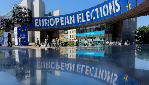 epa11395071 Placards are set up in front European Parliament from where the broadcast of the results of the European Elections will be aired on Sunday, 09 June at 18h CET, in Brussels, Belgium, 07 June 2024. European Parliament elections will be held in the European Union's 27 member countries from 06 to 09 June 2024 with around 360 million Europeans eligible to vote, the European Union says on its website. The EU Parliament is directly elected every five years by the citizens of the European Union. EPA/OLIVIER HOSLET