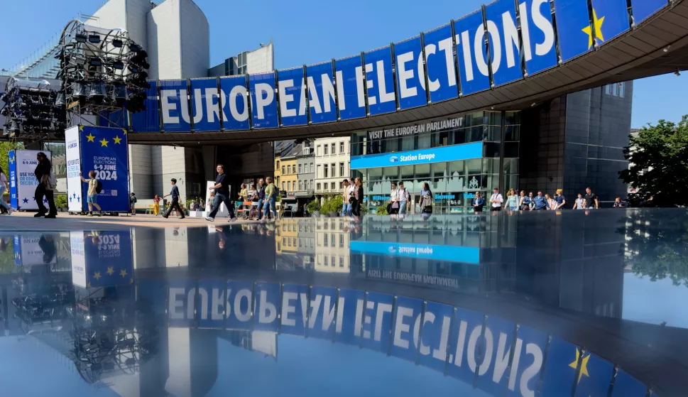 epa11395071 Placards are set up in front European Parliament from where the broadcast of the results of the European Elections will be aired on Sunday, 09 June at 18h CET, in Brussels, Belgium, 07 June 2024. European Parliament elections will be held in the European Union's 27 member countries from 06 to 09 June 2024 with around 360 million Europeans eligible to vote, the European Union says on its website. The EU Parliament is directly elected every five years by the citizens of the European Union. EPA/OLIVIER HOSLET