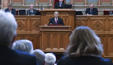 epa11633845 Hungarian Prime Minister Viktor Orban (C) delivers a speech on the first day of the autumn session of the Hungarian Parliament in Budapest, Hungary, 30 September 2024. EPA/Szilard Koszticsak HUNGARY OUT