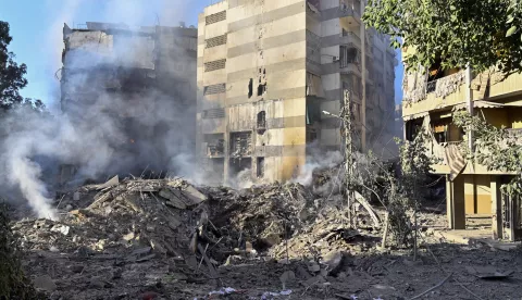 epa11641200 Smoke rises from damaged buildings following an Israeli airstrike in Al Mreijeh, in the southern suburbs of Beirut, Lebanon, 04 October 2024. According to Lebanon's National News Agency (NNA), Israeli raids targeted Beirut's southern suburbs overnight, hitting areas near Mreijeh, Hadi Nasrallah Highway and Hadath, and resulting in the collapse of several buildings and facilities. Lebanese Minister of Health, Firas Abiad, announced on 03 October, that 1,974 people have been killed, including 127 children and 261 women, and 9,384 others have been injured in Lebanon since the beginning of the Hezbollah-Israeli conflict. EPA/WAEL HAMZEH