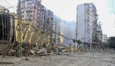 epa11641187 A view of damaged buildings following an Israeli airstrike in Haret Hreik Dahieh, in Beirut, Lebanon, 04 October 2024. Lebanese Minister of Health, Firas Abiad, announced on 03 October, that 1,974 people have been killed, including 127 children and 261 women, and 9,384 others have been injured in Lebanon since the beginning of the Hezbollah-Israeli conflict. EPA/WAEL HAMZEH