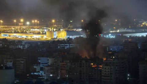 epa11641184 Smoke rises as a result of an Israeli airstrike in the southern suburb of Beirut, Lebanon, early 04 October 2024. Lebanese Minister of Health, Firas Abiad, announced on 03 October, that 1,974 people have been killed, including 127 children and 261 women, and 9,384 others have been injured in Lebanon since the beginning of the Hezbollah-Israeli conflict. EPA/STRINGER