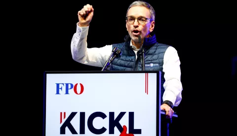 epa11629148 Chairman and top candidate of the Freedom Party of Austria (FPOe) Herbert Kickl speaks during the party's election rally in Vienna, Austria, 27 September 2024. Austria will hold parliamentary elections on 29 September 2024, with the far-right Freedom Party (FPO) leading in the polls. EPA/FILIP SINGER