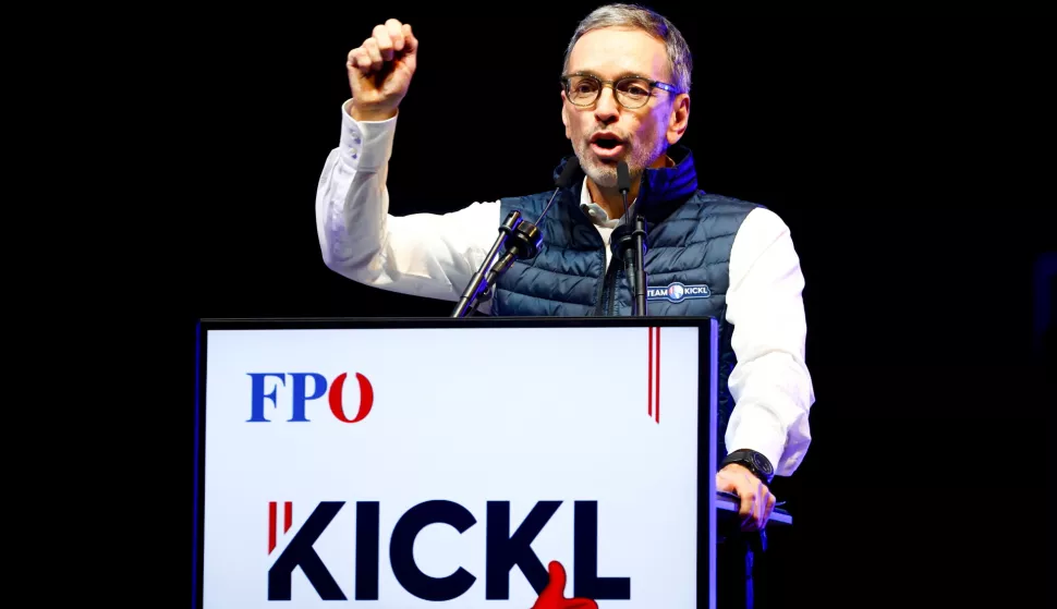 epa11629148 Chairman and top candidate of the Freedom Party of Austria (FPOe) Herbert Kickl speaks during the party's election rally in Vienna, Austria, 27 September 2024. Austria will hold parliamentary elections on 29 September 2024, with the far-right Freedom Party (FPO) leading in the polls. EPA/FILIP SINGER