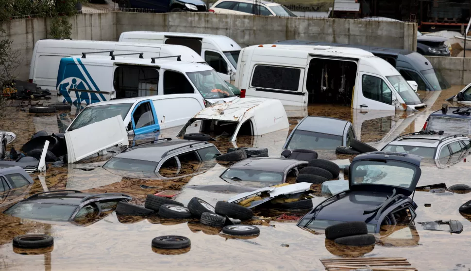 epa11641413 Partially submerged cars are seen at a used-car lot following flash floods in Kiseljak, Bosnia and Herzegovina, 04 October 2024. Central and southern parts of Bosnia and Herzegovina were hit by a severe rainstorm overnight, which caused widespread flooding, closing roads, cutting electricity, and disrupting telecom signals. Rescue services in Jablanica and Kiseljak reported several people missing and called for army assistance, as access to Jablanica was completely blocked due to road and rail closures. 14 fatalities due to the flash floods have been confirmed so far by the regional government of Hercegovacko-Neretvanska county. EPA/NIDAL SALJIC