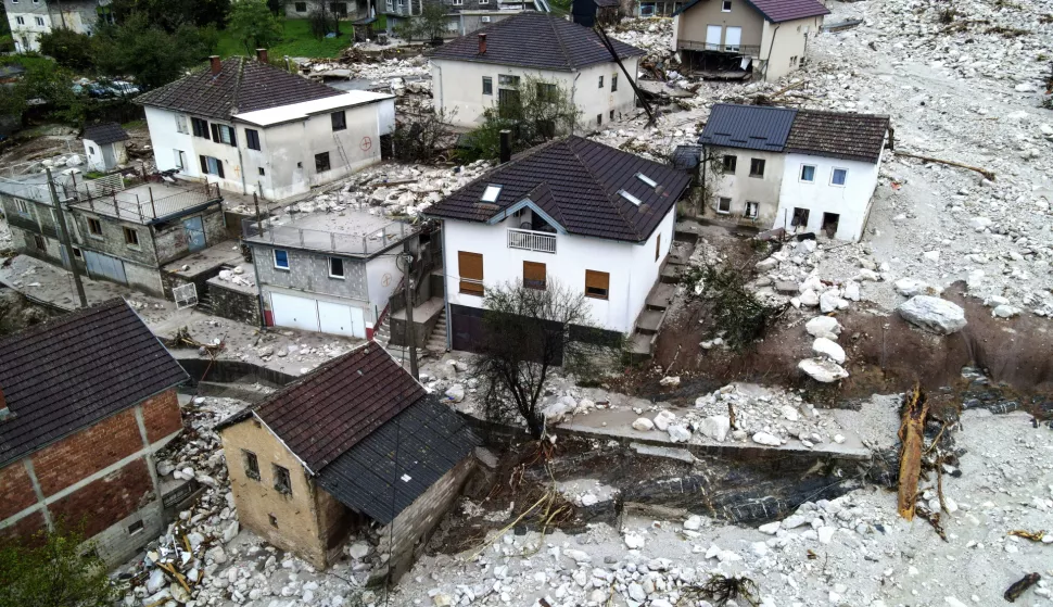 epa11643865 A picture taken with a drone shows damage caused by the flash floods in the village of Donja Jablanica, Bosnia and Herzegovina, 05 October 2024. Central and southern parts of Bosnia and Herzegovina were hit by a severe rainstorm on 03 October 2024, which caused widespread flooding, closing roads, cutting electricity, and disrupting telecom signals. Rescue services in Jablanica and Kiseljak reported several people missing and called for army assistance, as access to Jablanica was completely blocked due to road and rail closures. 19 fatalities due to the flash floods have been confirmed so far by the regional government of Hercegovacko-Neretvanska county. EPA/NIDAL SALJIC