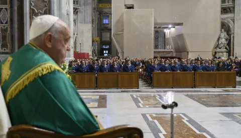 epa11644048 A handout picture provided by the Vatican Media shows Pope Francis presides over the mass for the Vatican Gendarmerie Corps at the Altar of the Chair in St. Peter's Basilica,Vatican City, 05 October 2024. EPA/VATICAN MEDIA HANDOUT HANDOUT EDITORIAL USE ONLY/NO SALES