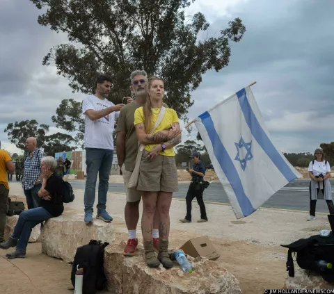 Israelis embrace and mourn their loved ones in the memorial at Re'im, southern Israel on October 7, 2024, as they mark the one-year anniversary since the brutal Hamas terror attacks on Israeli communities and here at the Nova dance party where over 300 Israelis were slaughtered during the Hamas terrorist attacks inside Israel on October 7, 2023. Israelis are marking the one-year anniversary of the Israeli War on Hamas when Hamas invaded Israeli communities killed some 1,200 people and taking over 215 hostage into Gaza. They still hold some 100 hostages. Fighting continues in both the Gaza Strip and southern Lebanon against Hezbollah as Israelis brace for an attack on Iran after their recent barrage of some 200 ballistic missiles. Photo by Jim Hollander/UPI Photo via Newscom Photo: JIM HOLLANDER/NEWSCOM