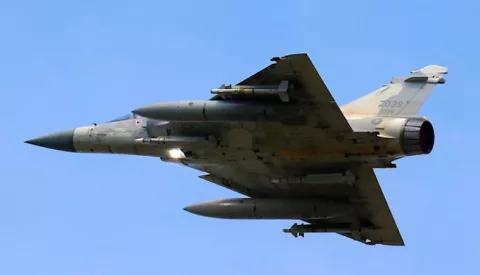 epa10108313 A Mirage 2000 fighter jet take off at an airbase in Hsinchu, Taiwan, 06 August 2022. After the visit of US House of Representatives Speaker Nancy Pelosi in Taiwan, the Chinese military started a series of live-fire drills in six maritime areas near Taiwan from 04 August and is expected to last till 07 August. EPA/RITCHIE B. TONGO