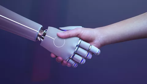 Robot handshake human background, futuristic digital age umjetna inteligencija roboti