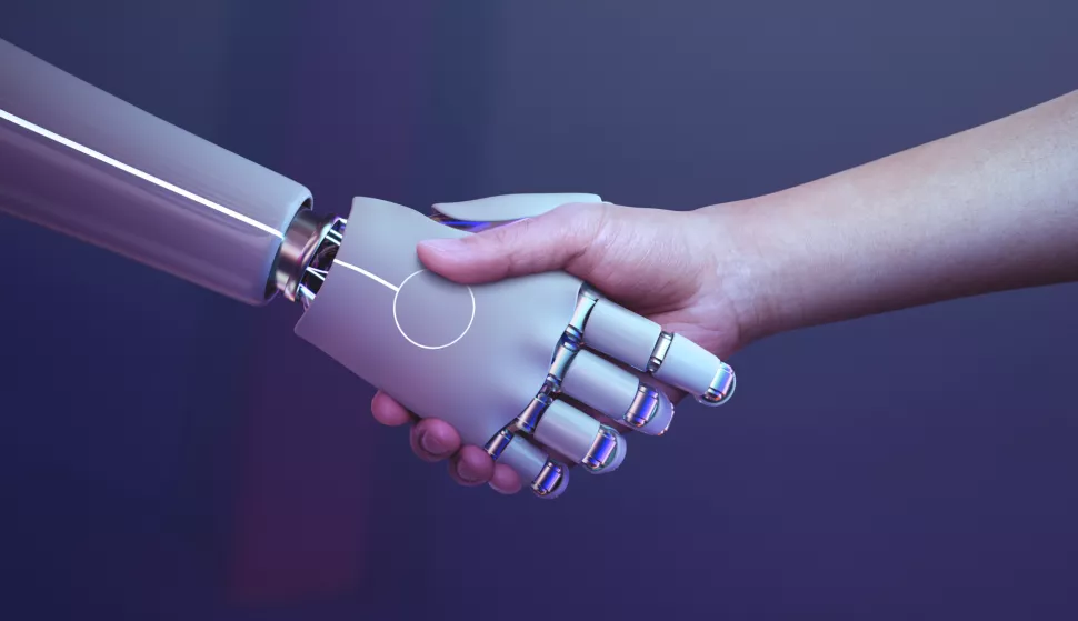 Robot handshake human background, futuristic digital age umjetna inteligencija roboti