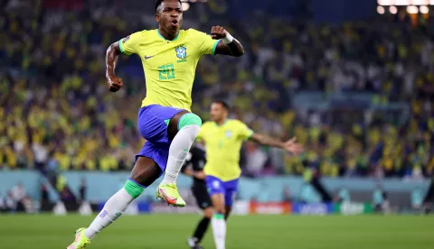 epa10350395 Vinicius Junior of Brazil celebrates scoring the 1-0 during the FIFA World Cup 2022 round of 16 soccer match between Brazil and South Korea at Stadium 974 in Doha, Qatar, 05 December 2022. EPA/Abedin Taherkenareh