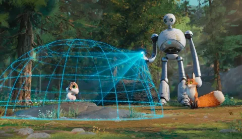 (from left) Brightbill (Kit Connor), Roz (Lupita Nyong'o) and Fink (Pedro Pascal) in DreamWorks Animation's The Wild Robot, directed by Chris Sanders.divlji robot