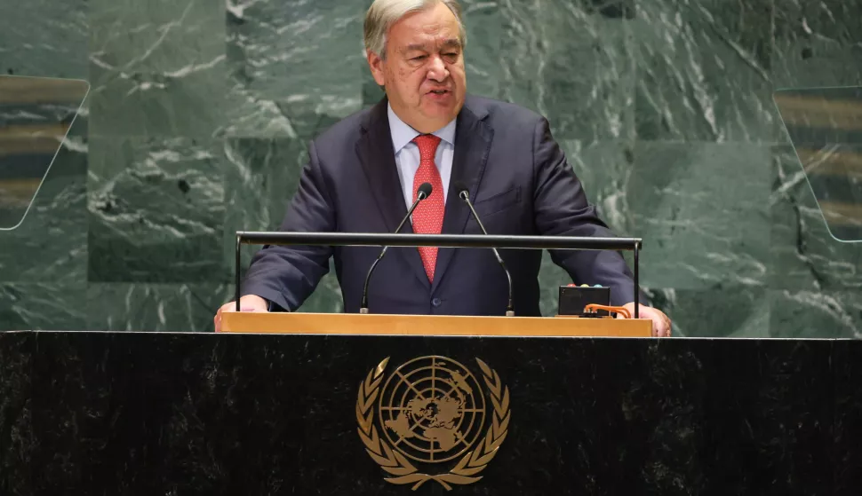 epa11622326 United Nations (UN) Secretary-General Antonio Guterres speaks during the General Debate of the 79th session of the United Nations General Assembly at United Nations Headquarters in New York, New York, USA, 24 September 2024. The annual high-level General Debate gathers world leaders from 24 to 28 September, and 30 September under the theme, 'Leaving no one behind: acting together for the advancement of peace, sustainable development and human dignity for present and future generations'. EPA/JUSTIN LANE